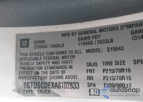 2010 GMC Canyon Sle1 z USA, uszkodzony, nr VIN 1GTDSCDEXA8102833